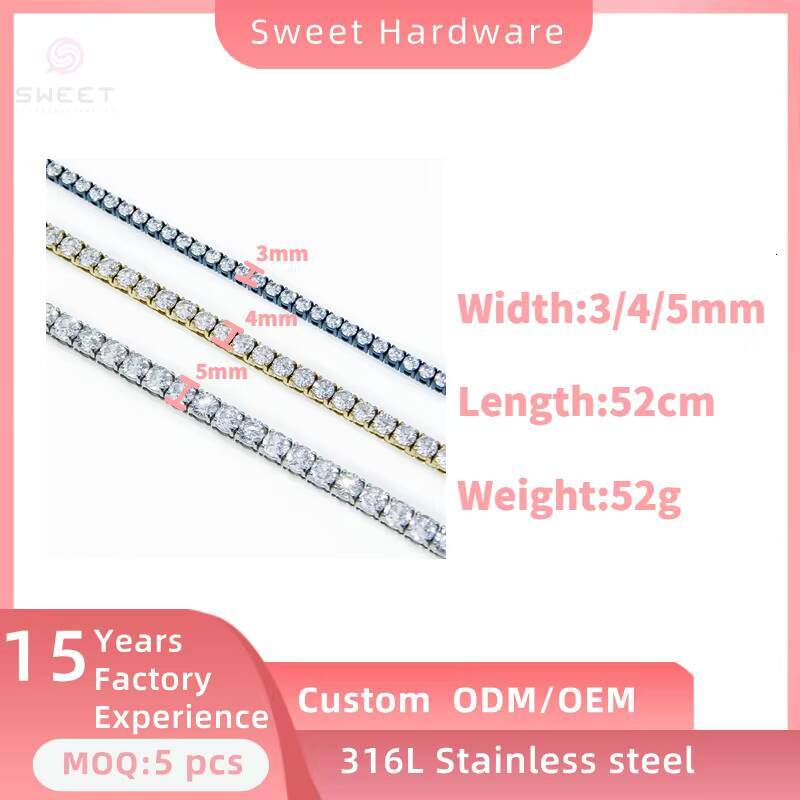 316L Stainless Steel Trend Design 3mm4mm Full Tennis Chain Single Row Necklace Hip Hop Base Chain Necklace