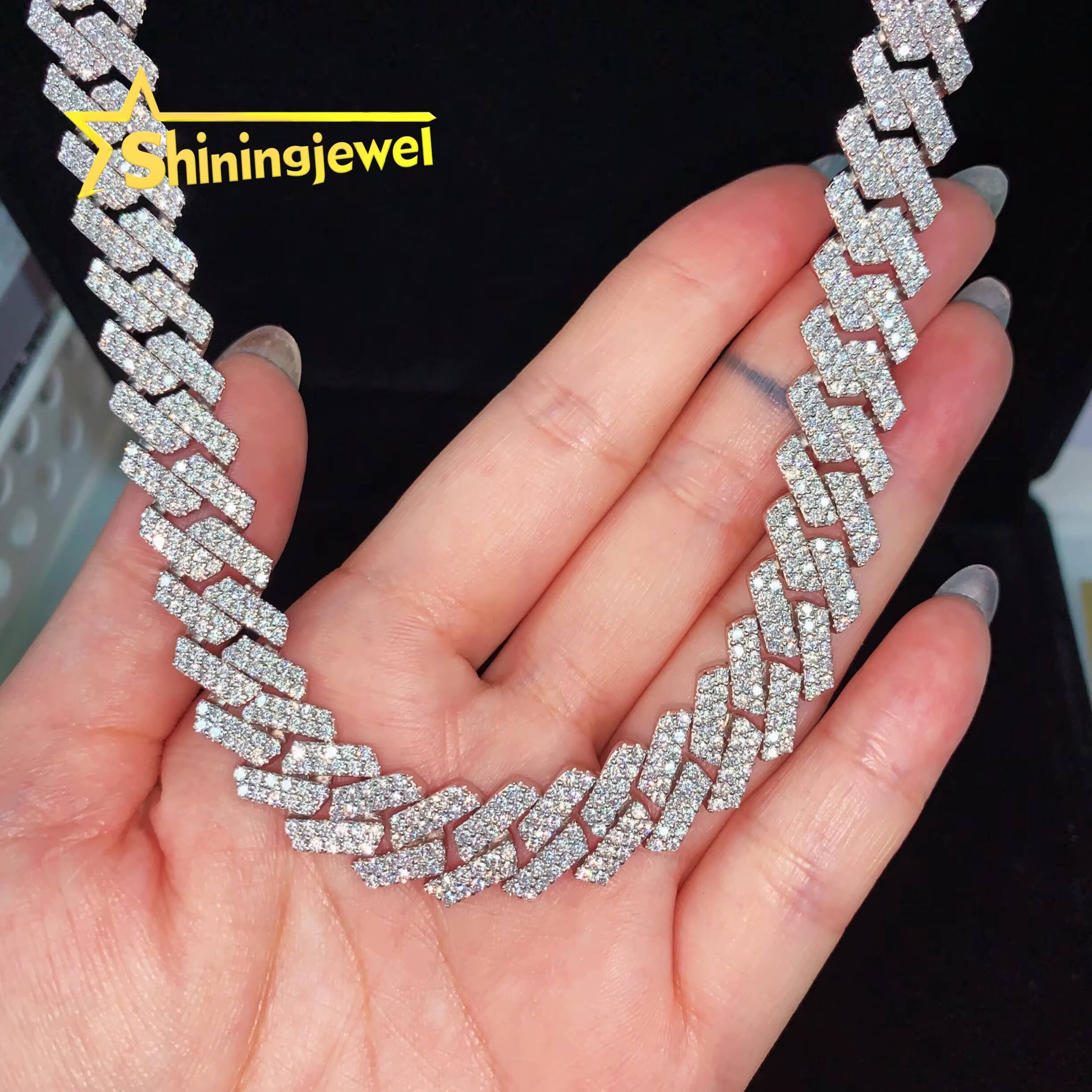 Guangzhou Shining Shiny Guarantee 13mm 2 Row VVS Moissanite Cuban Chain 925 Sterling Silver Gold Plated Hip Hop Cuban Link Chain