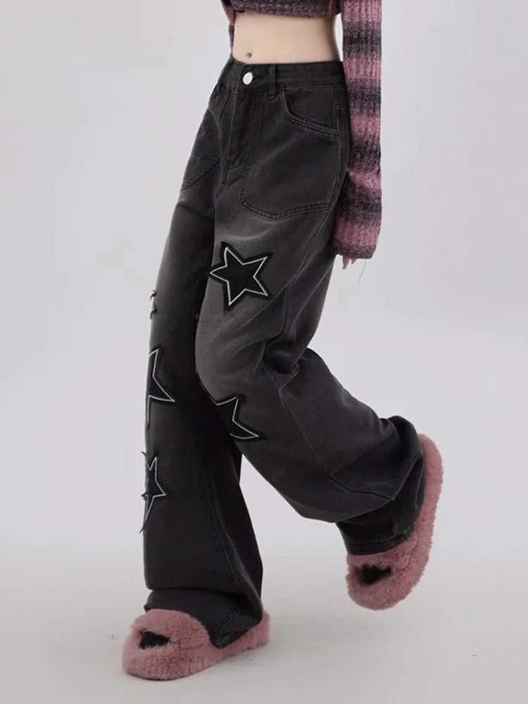 HOUZHOU Y2K Goth Star Black Baggy Jeans Women Cyber Punk Retro 90s Streetwear Denim Pants Vintage Hippie Grunge Wide Trousers R250716