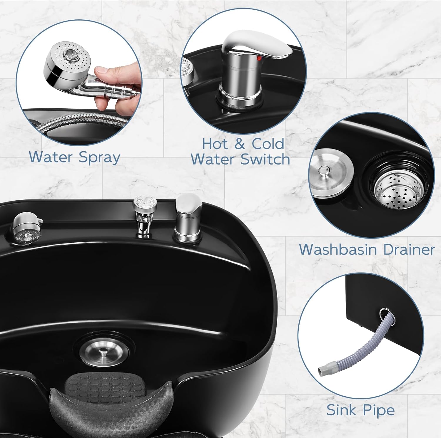 Shampoo Bowl and Chair Set for Salon Hair Washing Station for Hair Stylist ABS Shampoo Bowl Sink Chair with Side Store Compartment for Spa Beauty Barb