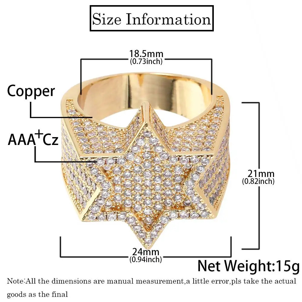 Style Hip Hop Rapper Rock Jewelry Hexagonal Star Micro Pave 3A CZ Stone Ring For Women 250716