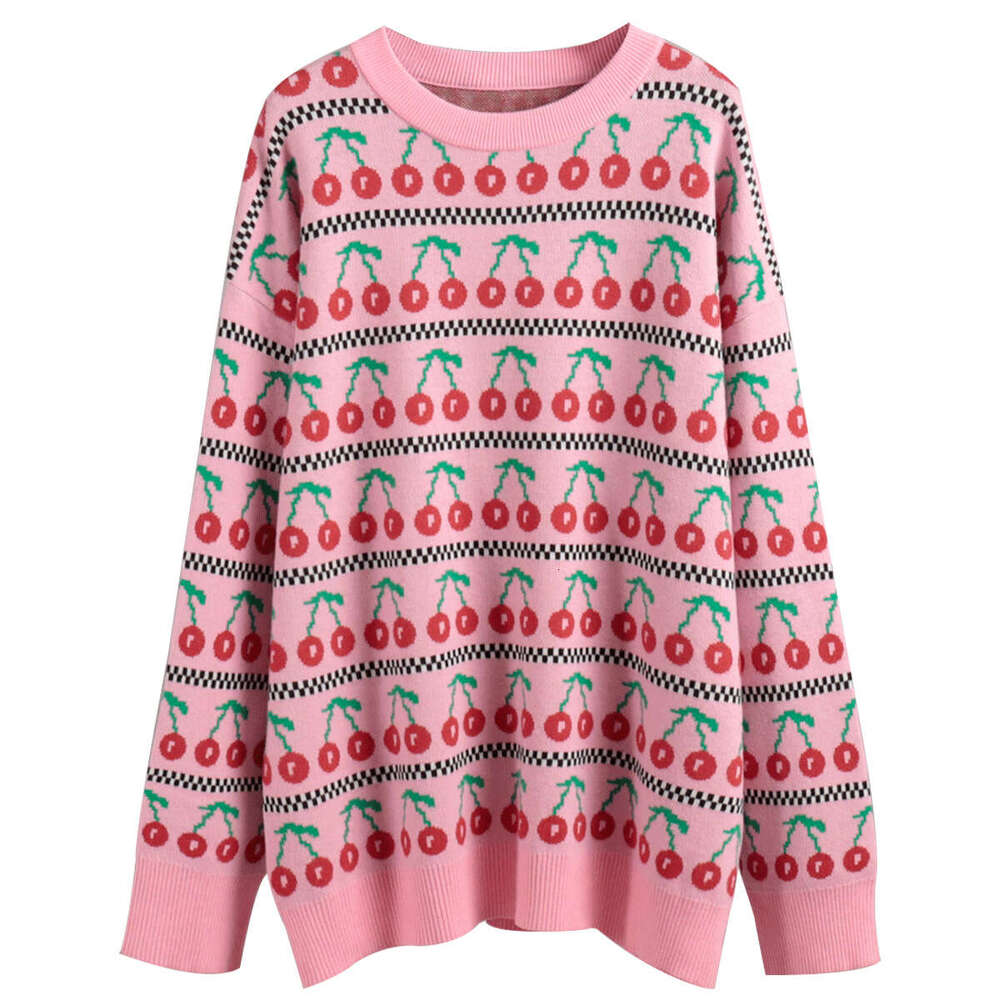 Autumn New Mid-Length Knitted Cherry Round Neck Sweater B5