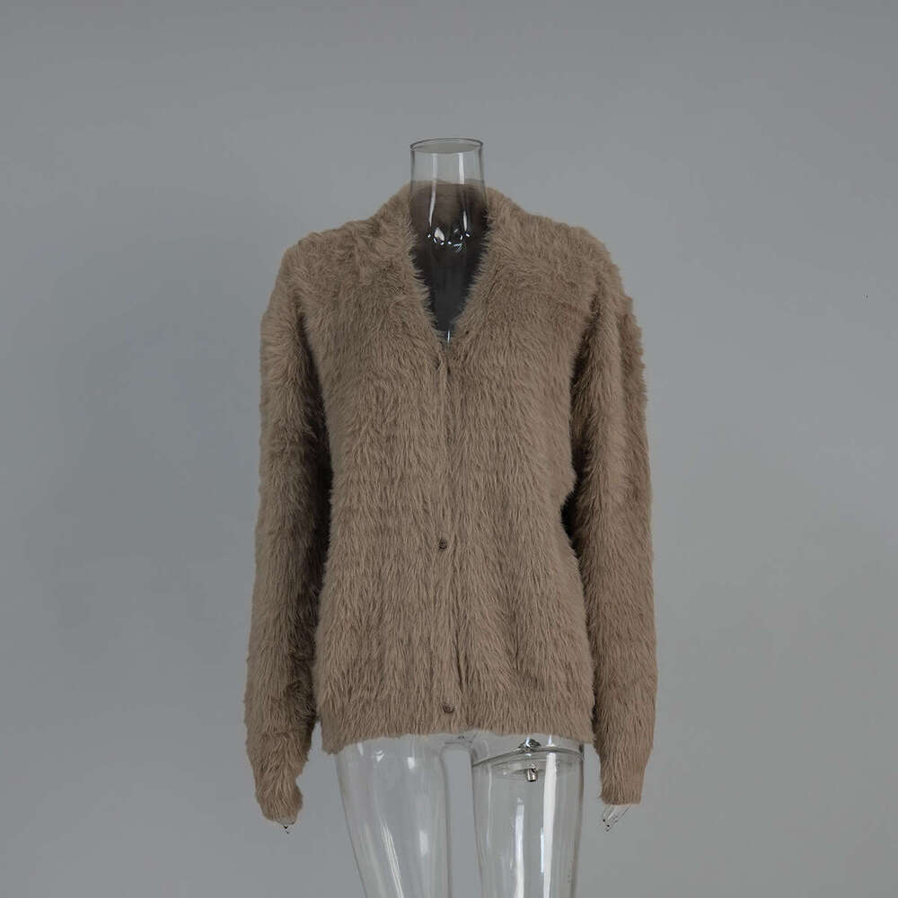 Faux Mink Knit Cardigan Autumn Winter Lazy Loose Long Sleeve V-Neck Sweater Coat For Women B5