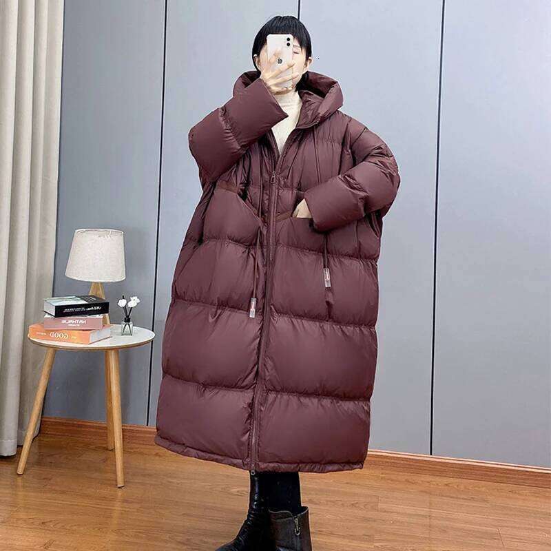 Janveny 2025 New Winter Hooded Drawstring Loose Puffer Jacket Women Solid Casual Silhouette Long 90% White Duck Down Warm Coat MDNG