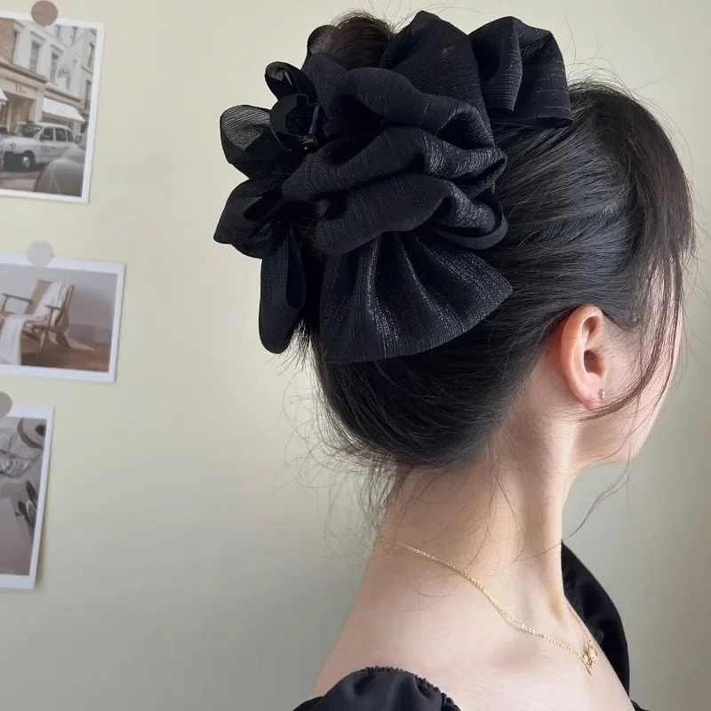 Sweet Mesh Large Bow Hair Claw Clips for Women Solid color Elegant Bowknot Ponytail Clip Girl Headdress Accessories 250716