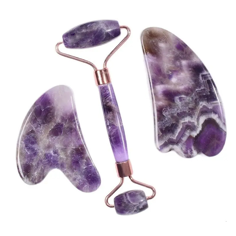 Amethyst Roller Face Gua Sha Tool Set Natural Stone Facial Health Care Massage Crystal Quartz Spa Acupuncture Massager 250716