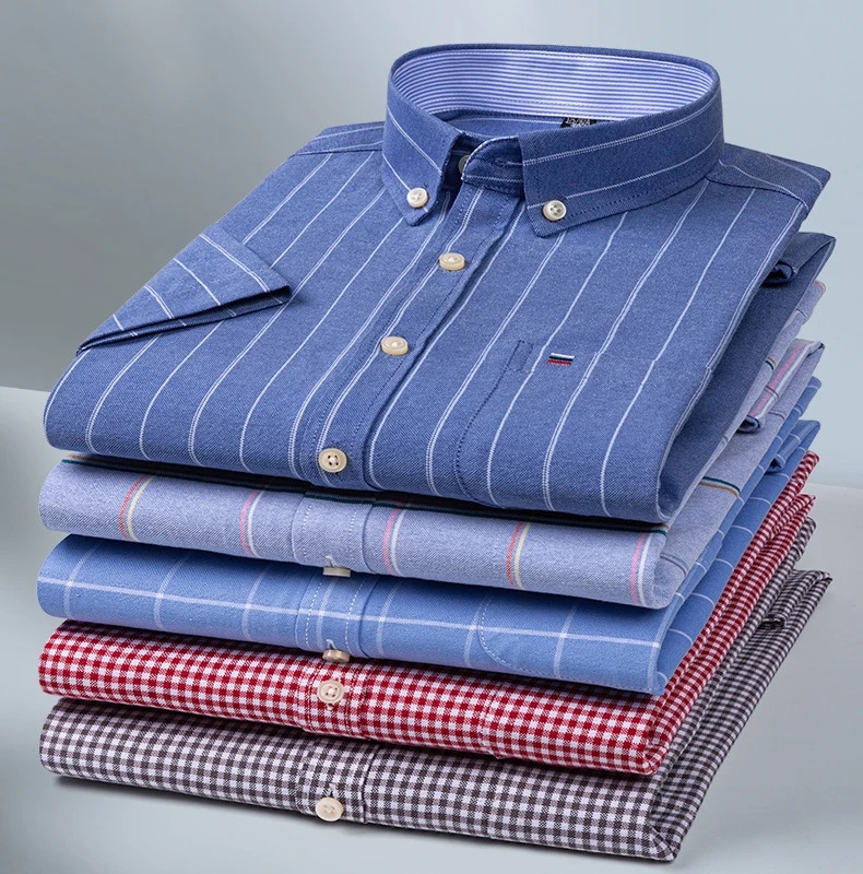 Fashionable Mens Shirt Short Sleeve 100 Cotton Oxford Stripe Plaid Formal Casual Social Available in Large Sizes 250708