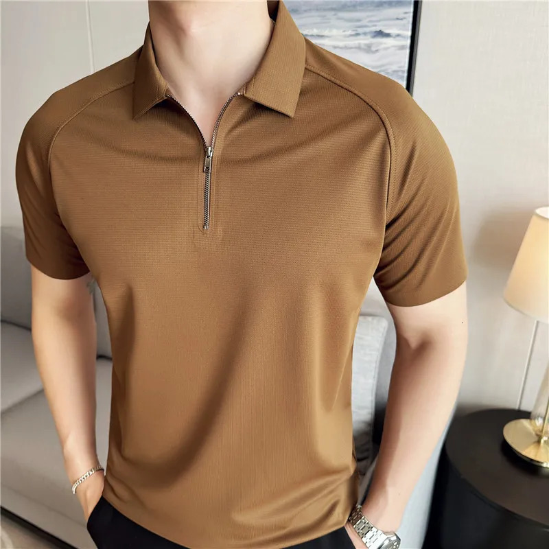 Summer Men Solid Color Polo Shirt Short Sleeve Turn-Down Collar Zipper Tshirts for Men Casual Streetwear Male Tops 250715