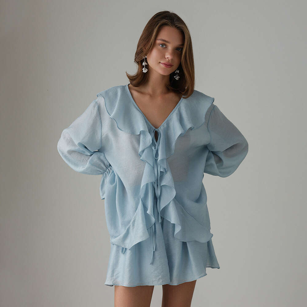 French Style V-Neck Ruffle Summer Tie Blouse And Shorts Set For Women B5