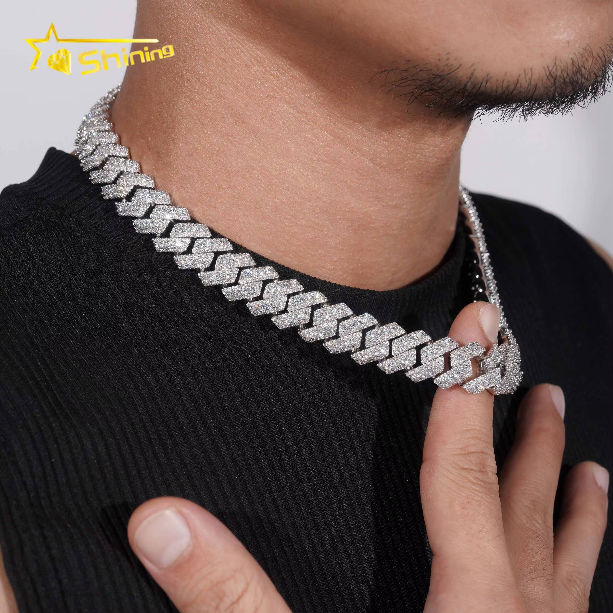High Quality Heavy Hip Hop 15mm Width 925 Silver VVS Moissanite Iced Out Cuban Link Chain