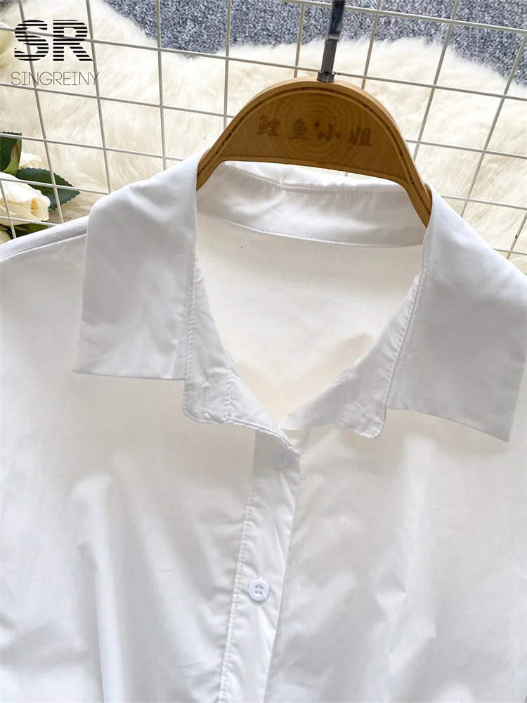 SINGREINY Womens Korean Simple Style Shirt Female Polo Neck Puff Sleeve Cross Lace Up Tops Summer Workwear Casual Loose Blouse 250704