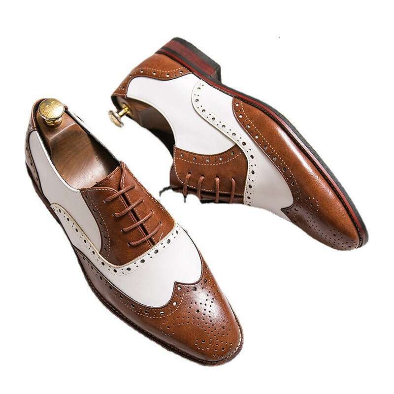 Brogue Leather British Style Carved Pattern Color Block Casual Studio Wedding Photo Black and White Large Size Men's Shoes