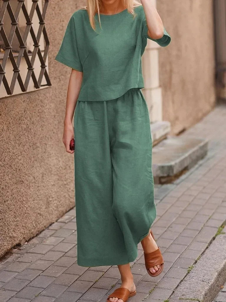 Cotton Womens Suit Pantsuit Loose O-neck Top Wide-leg Trouser Suits Female Spring Pant Sets Fashion Casual Black Set Ladies 250715