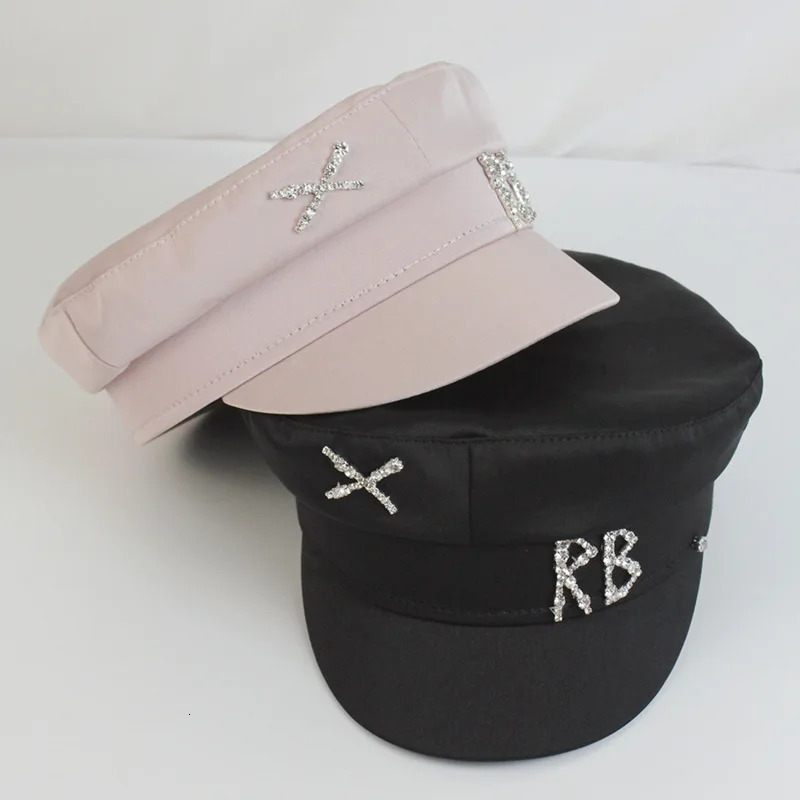 Trendy Satin Letters Flat Top Military Hats Spring Summer sboy Cap Crystal Baker Boy Hat Visor 250716