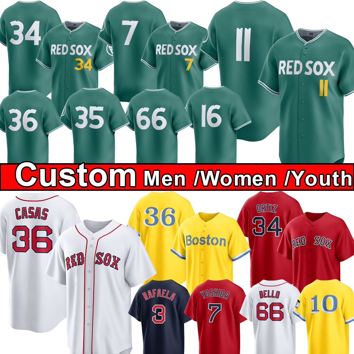 Rafael Devers, David Ortiz, Red Sox Baseball Jerseys Xander Bogaerts, Jarren Duran, Triston Casas, Brayan Bello, Garrett Crochet, Masataka Yoshida Connect Kids