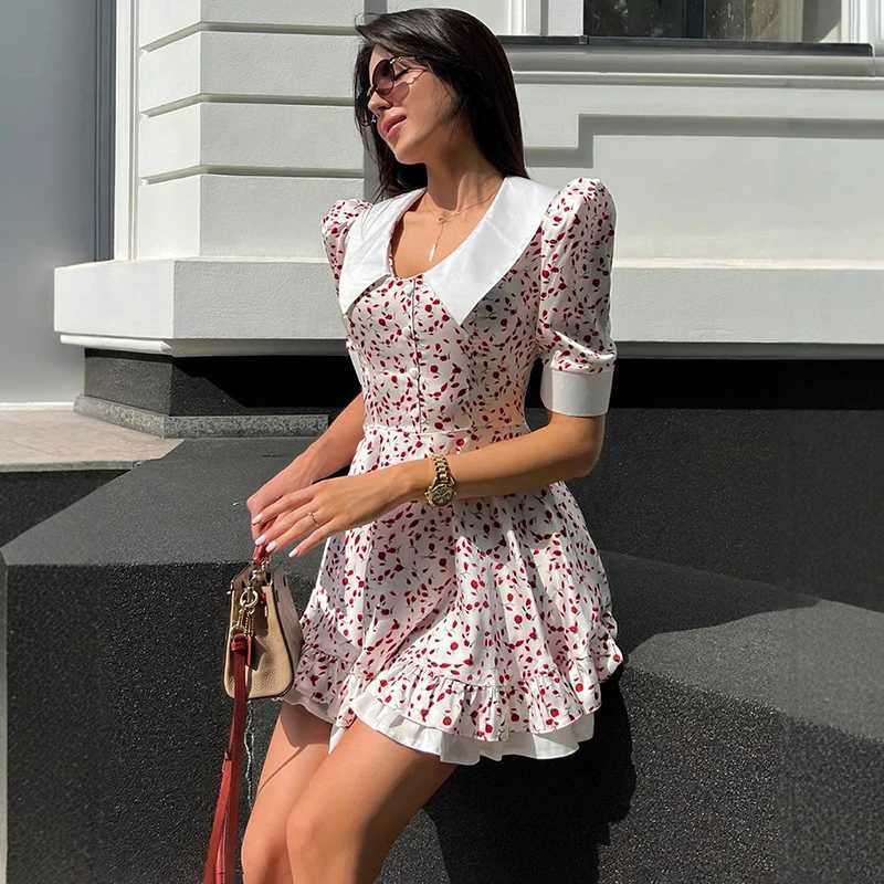 Talenza V Neck Print Dress Womens Lapel Puff Sleeve Single Breasted High Waist Dress Female Summer Fashion Contrast Slim Dress R250716