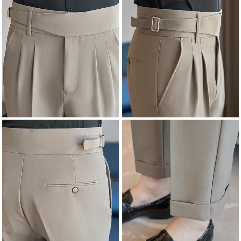 Naples High Waist Casual Pants Fashion Belt Decoration Draping Effect Three-Dimensional Pleated Suit Trousers Light Brown 250707