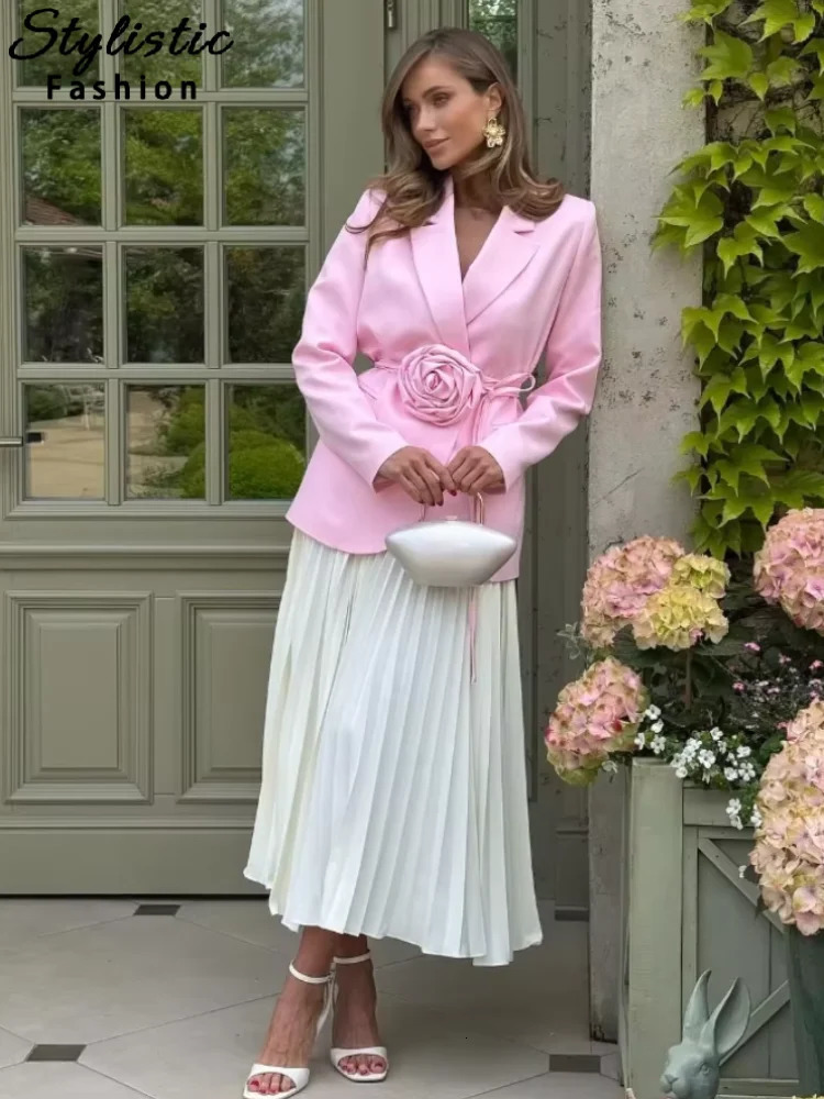Elegant Flower Lace Up Blazer Women Solid Laple Pad Shoulder Long Sleeve Loose Coats 2025 Fashion Street Office Lady Outwears 250715