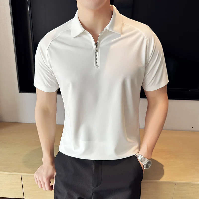Summer Men Solid Color Polo Shirt Short Sleeve Turn-Down Collar Zipper Tshirts for Men Casual Streetwear Male Tops 250716