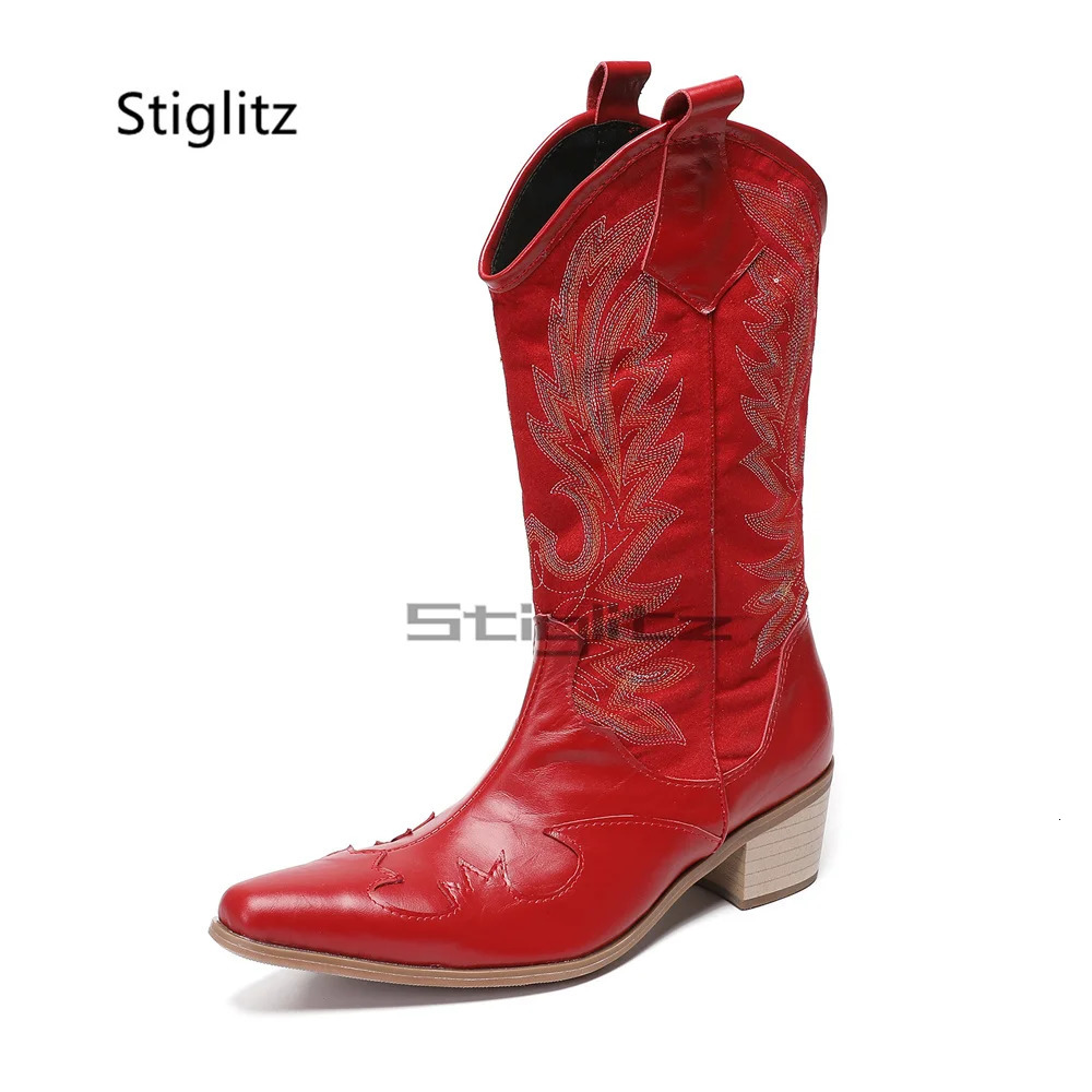 Totem Embroidery Western Cowboy Boots for Men Red Retro Mid-Calf Boots 6Cm Pointed Toes Mens Shoes Genuine Leather Winter Boots 250715