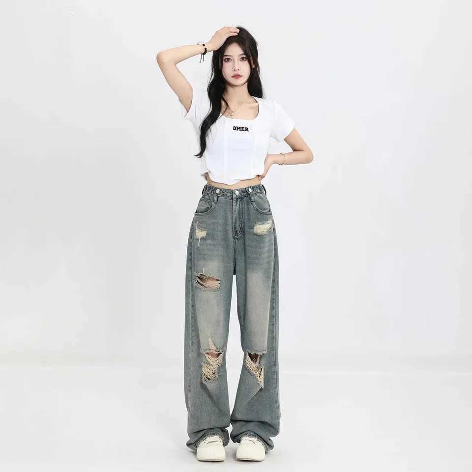 Vintage Hole Y2k Womens Jeans High Waisted Jeans Wide Leg Loose Straight Leg Hip-hop Streetwear Floor Length Denim Pants R250716