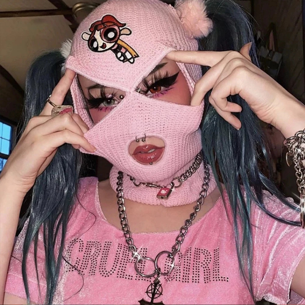 Ski Mask Y2K Balaclava Full Face Cover Hat 3 Holes Christmas Party Mask Embroidery Cosplay Winter Warm Knitted Hippop Bar Caps 250717