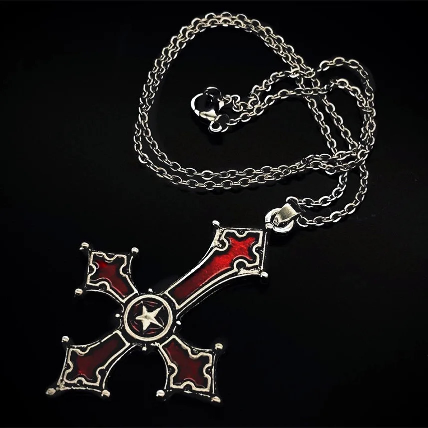 European and American retro simple fashion gothic black gem ruby cross pendant mens necklace 250715