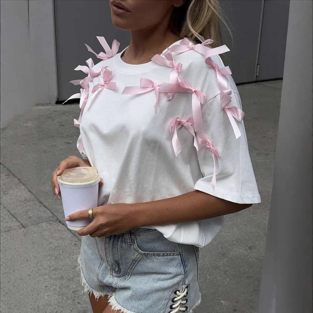 Cute Girl Ribbon Bow Short Sleeve T-Shirt Ins Style Loose Cotton Casual Top B5