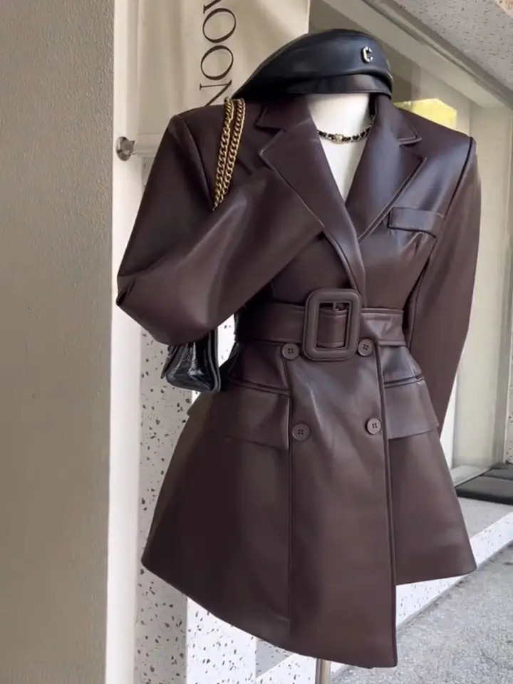 Coffee Color Retro Leather Jacket Women Clothing Autumn High End Waist Cinched Slimmimg Mid Length Suit Coat for Women 250715