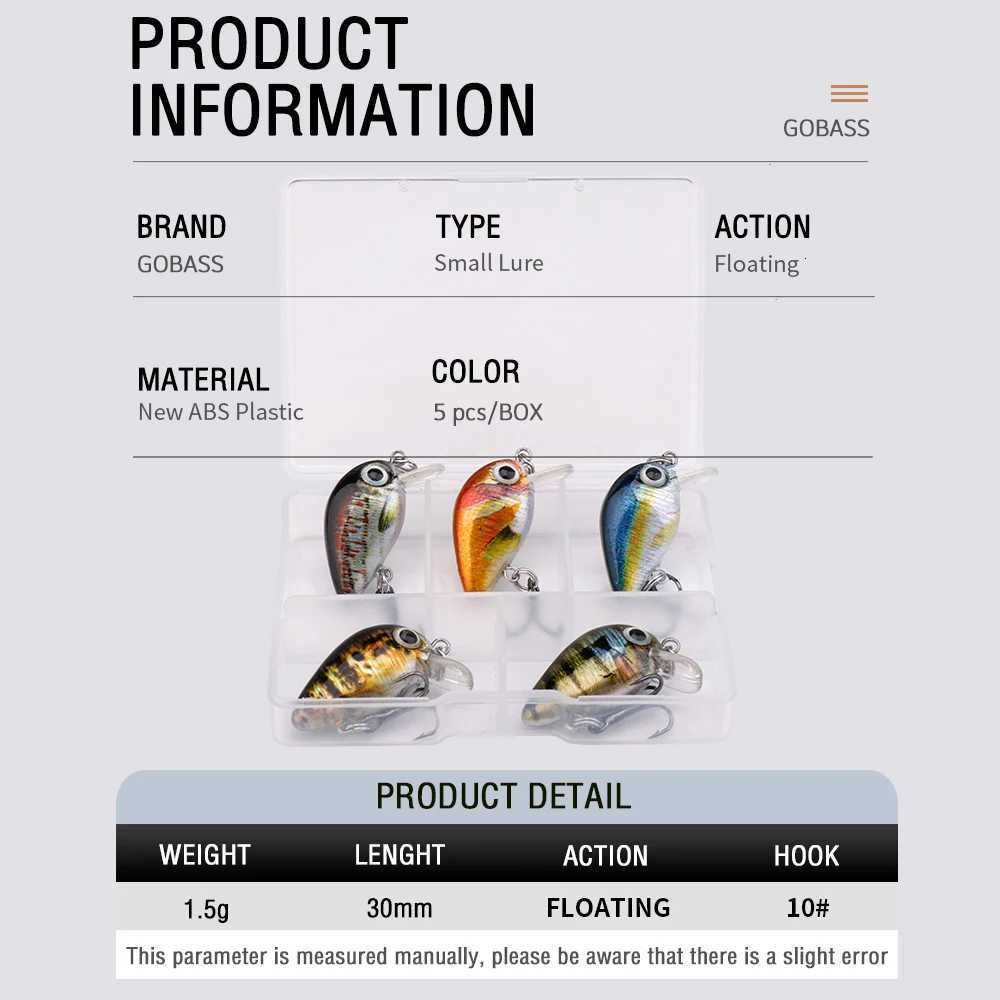 GOBASS 5pcs Mini Fish Bass Fishing Lure Set 3cm 1.5g Mini Artificial Baits Topwater Crank Wobblers For Pike Crankbaits Fishing Z250717