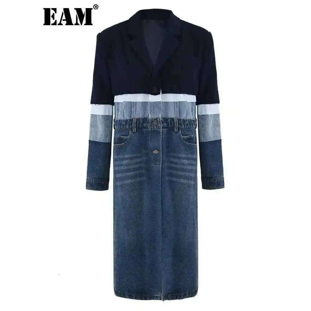 EAM Blue Denim Color-Block Big Size Trench Women New Lapel Long Sleeve Windbreaker Fashion Tide Spring Autumn 2025 1Dh2825