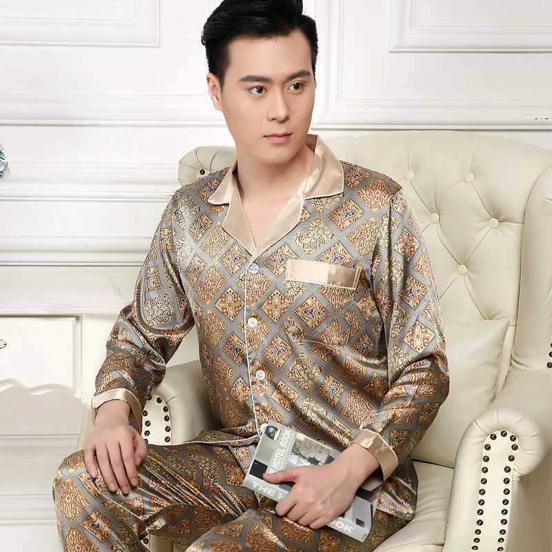 High Quality Pajamas Set Men Spring Autumn Thin Polyester Ice Silk Long-sleeved Sleepwear Plus Size Summer Home Clothing Male W250717