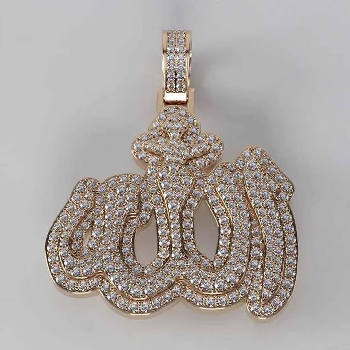 Hip Hop 925 Silver 18K Gold Plated Full Pave Vvs Moissanite Diamond Iced Out Allah Initial Chain and Pendant Silver Moissanite
