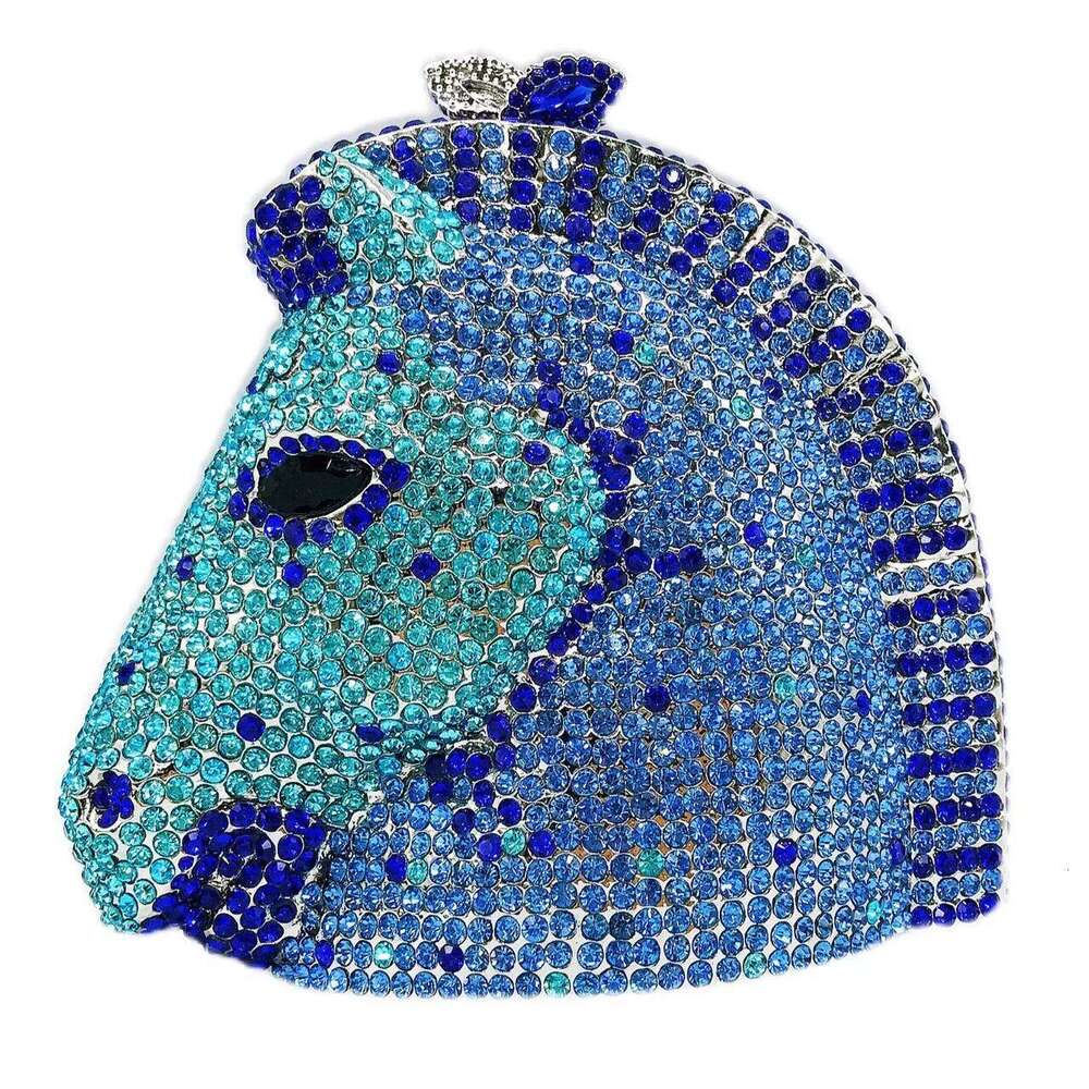 Lady Blue Crystal Evening Bags Clutches Women Party Purse Horse Head Shape Animal Dinner Dia Female Chain Shoulder Bag