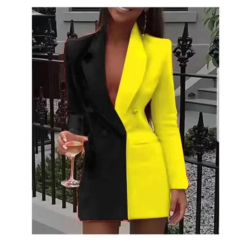 Women Blazer Elegant Office Lady Suit Thin Spring V-neck Female Long Sleeve Patchwork Slim OL Double Breasted Dress Coat 250715