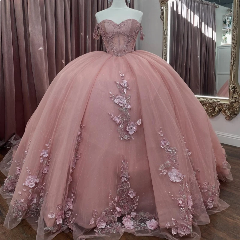 Pink Quinceanera Dresses Ball Gown Off The Shoulder Applique Flower Beading Bow Tull Party Birthday Sweet 16 Dress Vestidos 15 De Anos