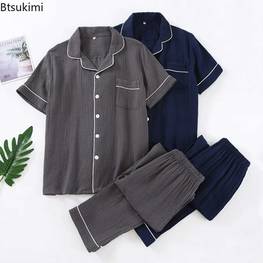2025 Mens Pajama Sets 100% Cotton Crepe Casual Homewear Two Pieces Short Sleeve Tops and Pants Men Simple Lounge Sleepwear Suit W250717