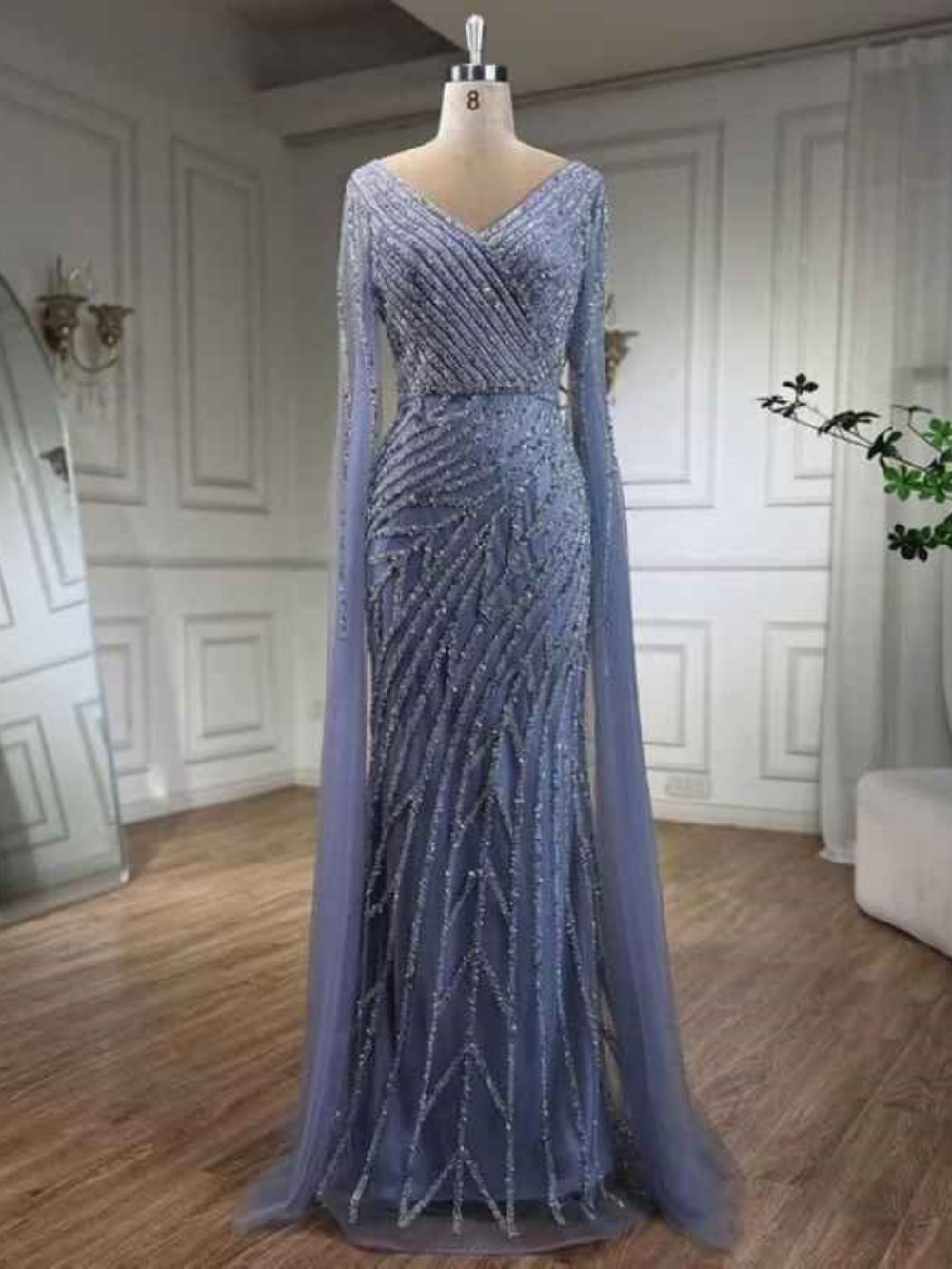 Elegant Mermaid Evening Dress V Neck Long Sleeve Beaded Sequins Prom Gowns With Tulle Floor Length Formal Dresses Customized