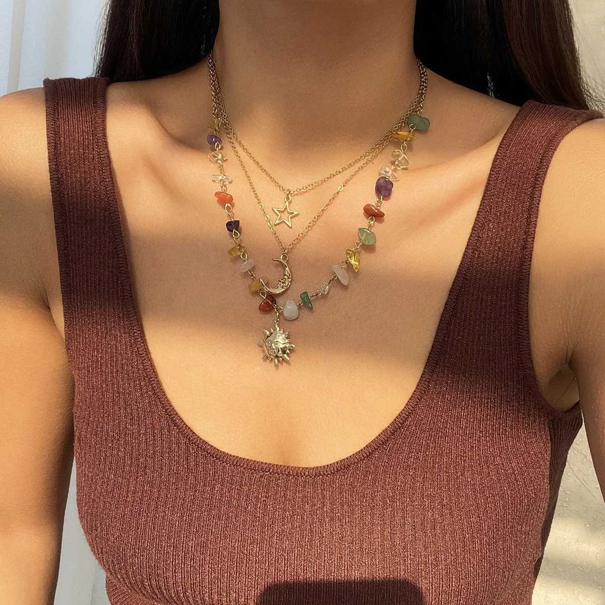 2024 Retro Moon Sun Star Pendant Necklace for Women Multi-layer Gold Color Metal Colored Stone Weaving Girls Fashion Jewelry XJ250717