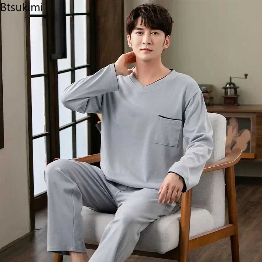 New Mens Large Size Simple Loose Homewear Suit Spring Comfortable Cotton Long Sleeve Trouser Lounge Pajamas Two Piece Sets Male W250717