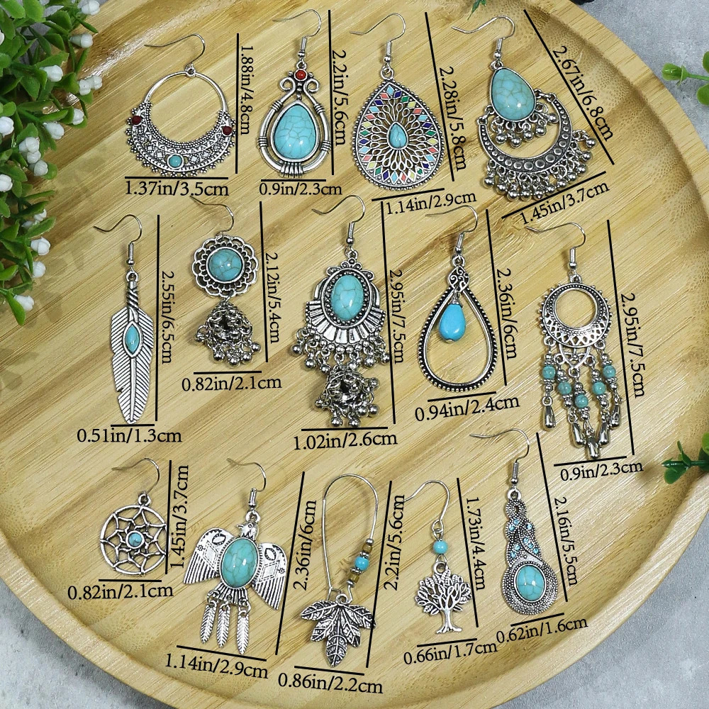 Ancient Silver Ethnic Style Earrings Turquoise Inlaid Beads Bell Leaves Birds Embellishment Personalized Accessories Gift Party 250716
