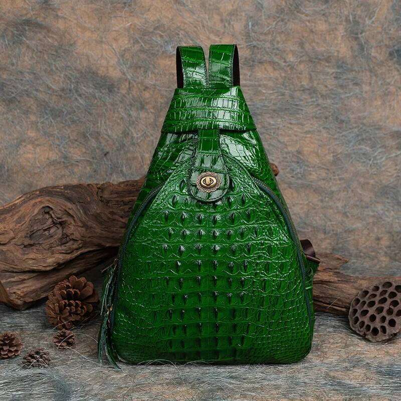 Vintage Pressed Flower Crocodile Pattern Handmade Leather Backpack Multi-Purpose Chinese Style Double Shoulder Bag For Live Broa