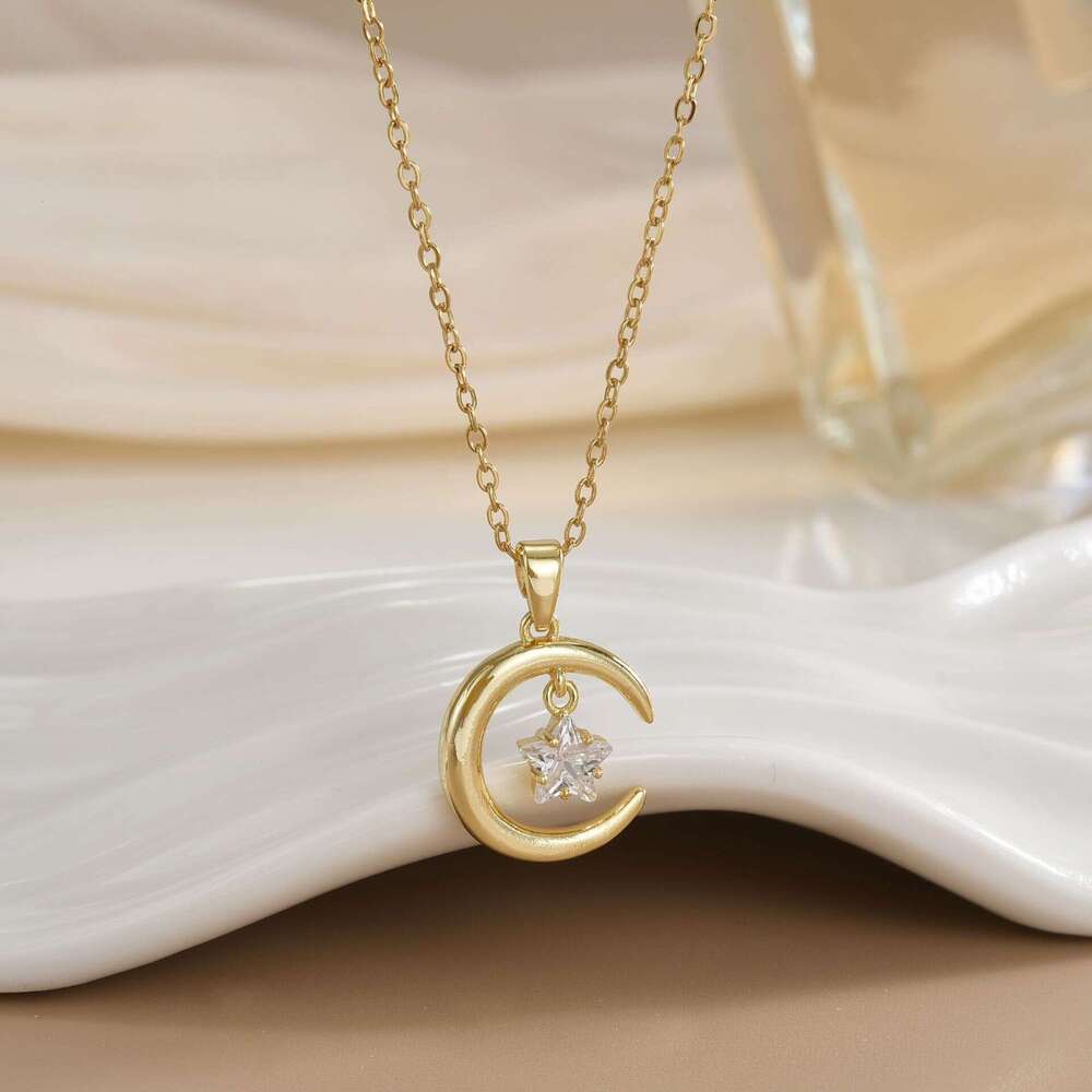 For Women, Internet Celebrity Star Moon Zircon Geometric Niche Light New Design Pendant Elegant Titanium Steel Necklace 58D