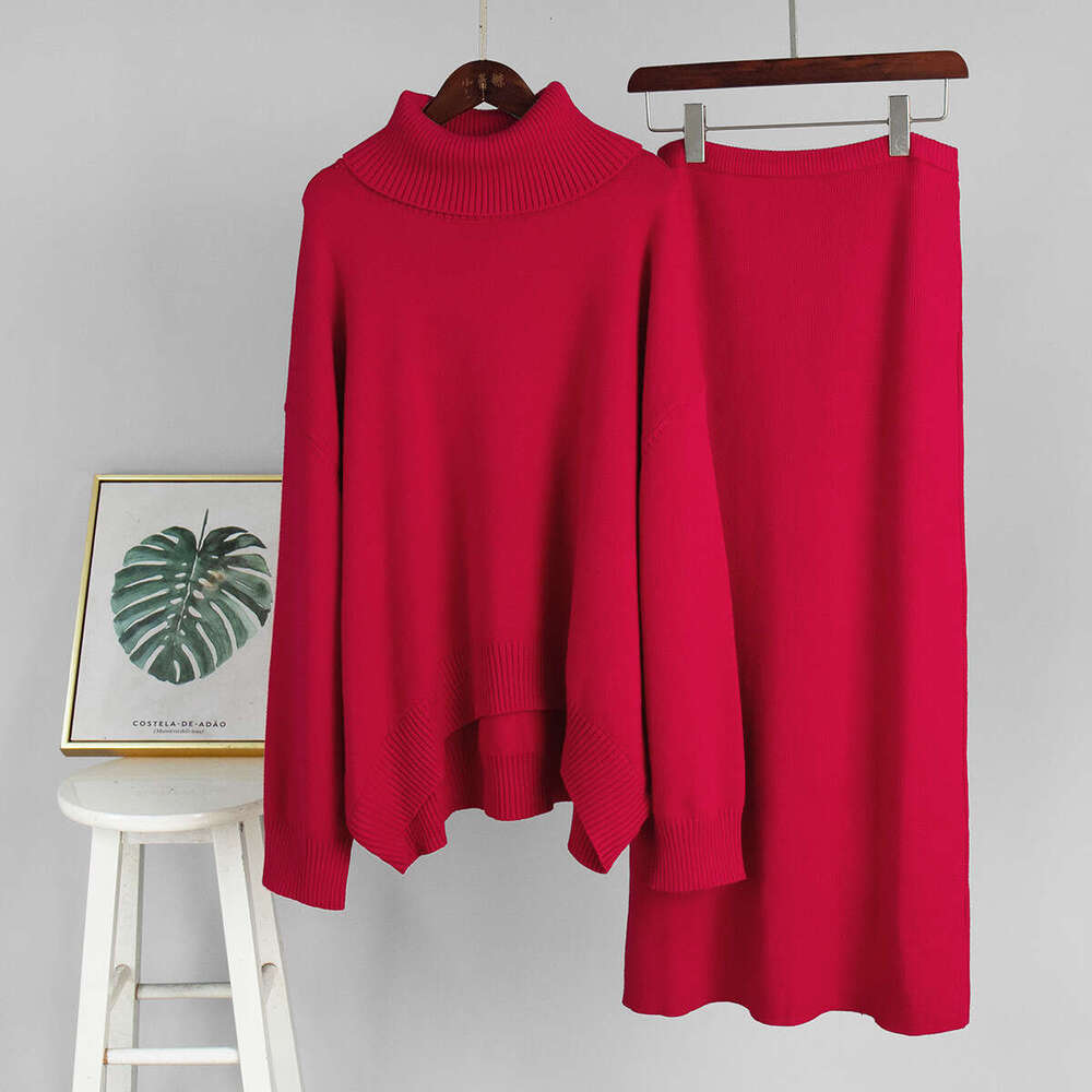 Turtleneck And Skirt Autumn Winter Loose Knitted Two-Piece Sweater Set For Women B5