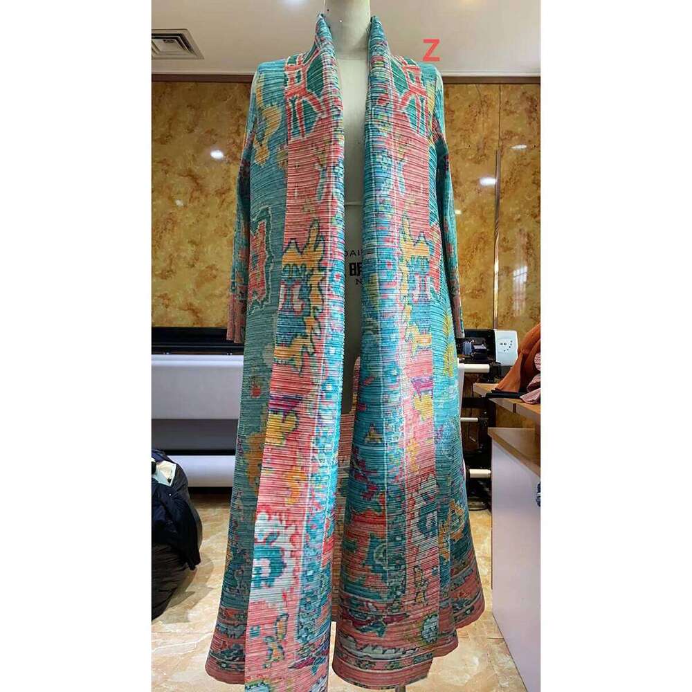 Miyake Pleated Vintage Printed Turn-Down Collar Sleeve Long Jacket Women Designer Abaya New Dubai Fashion Plus Size Coats