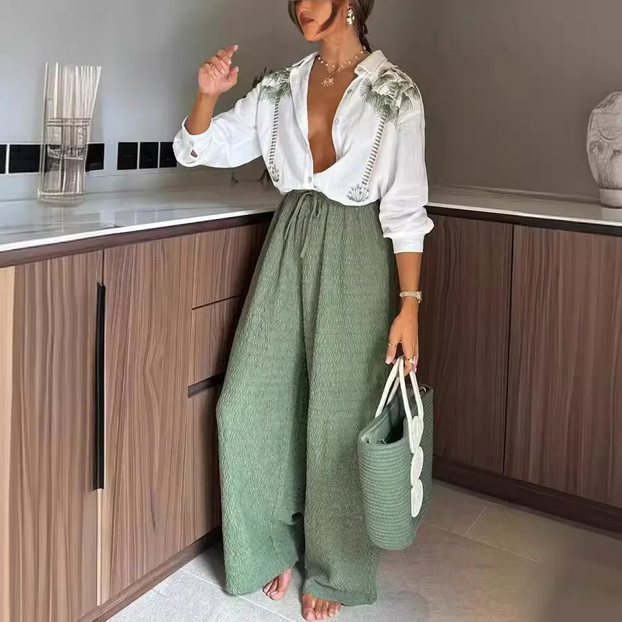 Casual Print 2 Piece Set Women Loose Single Breasted Lapel Set Female Autumn Long Sleeves High Waist Lace Up Trousers Sets Lady 250715