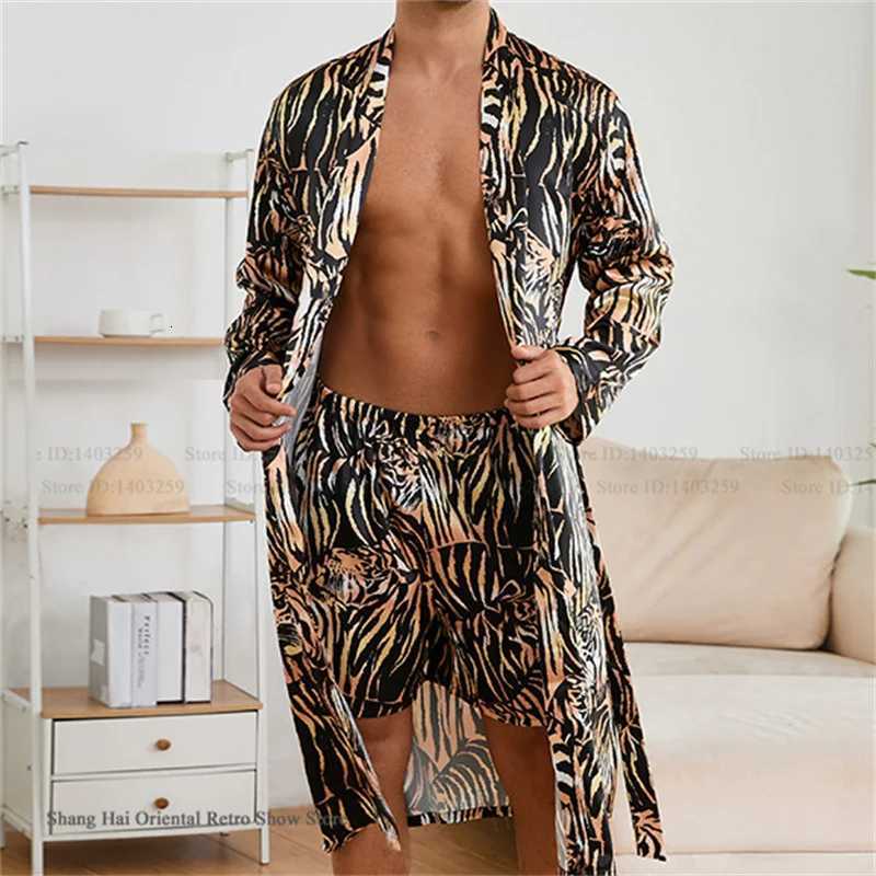 Mens Ice Silk Sleepwear Kimono Bathrobe Gown Long Robe Pajamas Two Piece Set Print Tiger Loose Casual Homewear Lounge Wear W250717