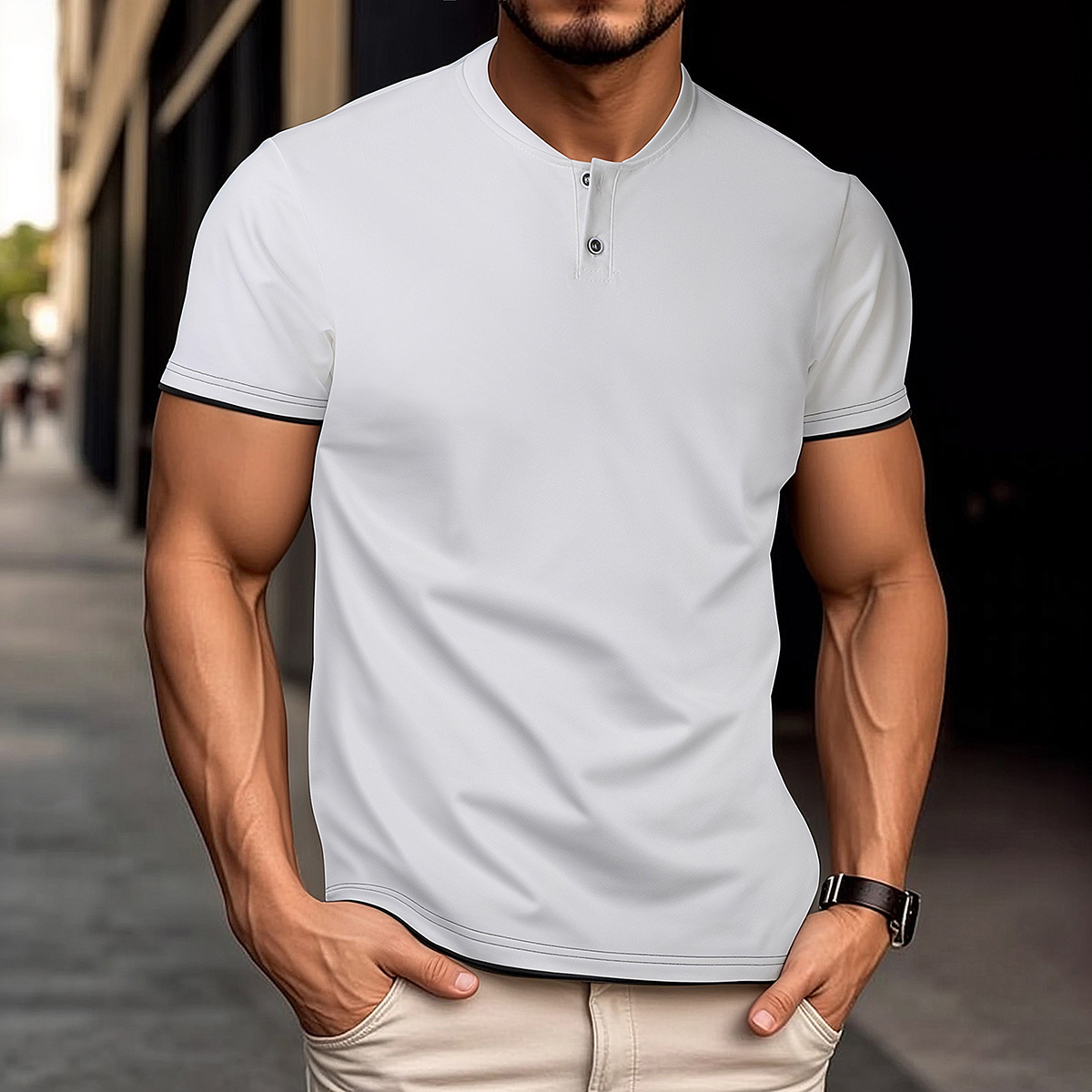 Classic Round Neck Slim-Fit Short Sleeve Tee with Button designer t shirt-Accented Color Block Design designer t shirt