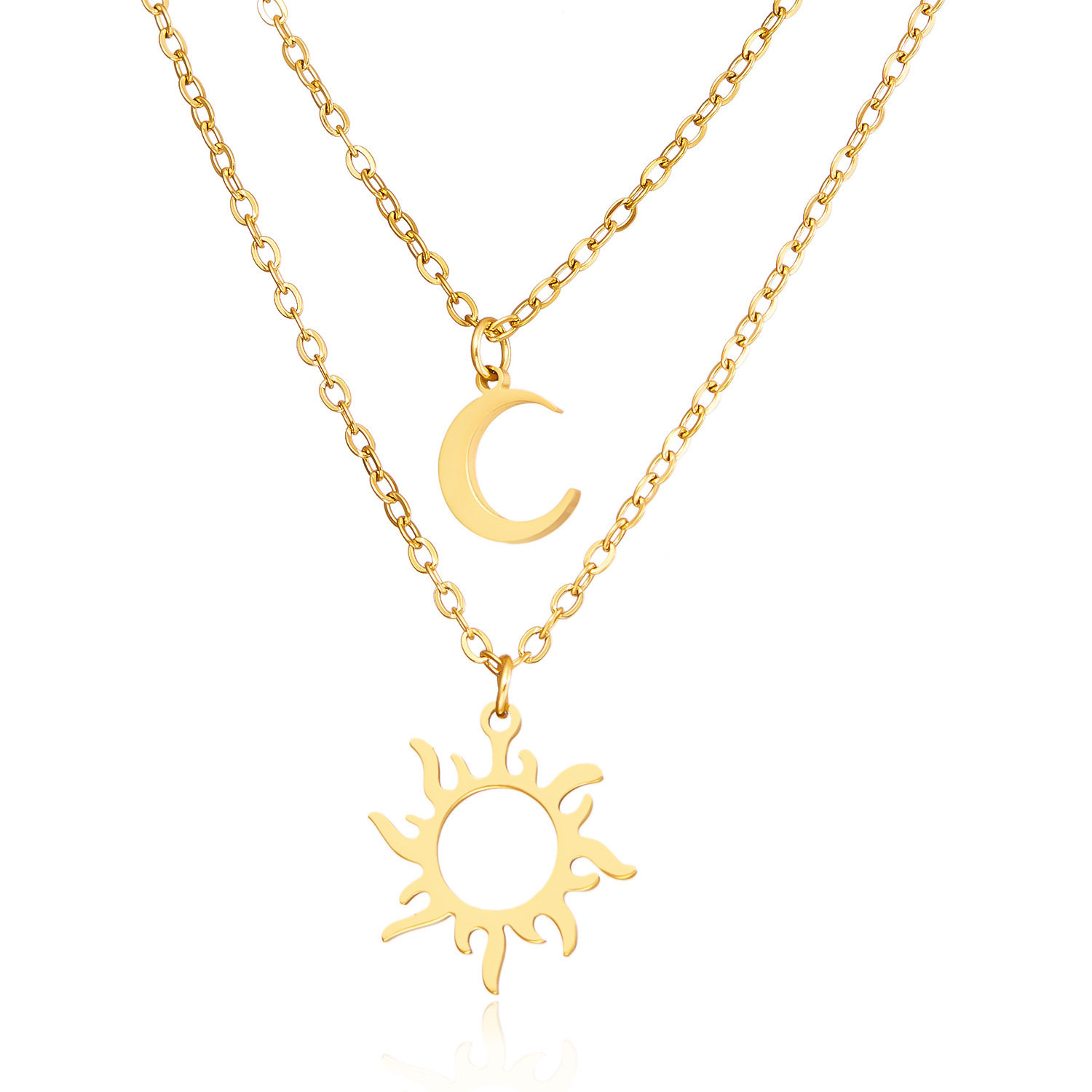 Hot New Planet Moon Stainless Steel Double Layer Necklace fashion Plated 18K Gold Female Geometric Stud Earrings