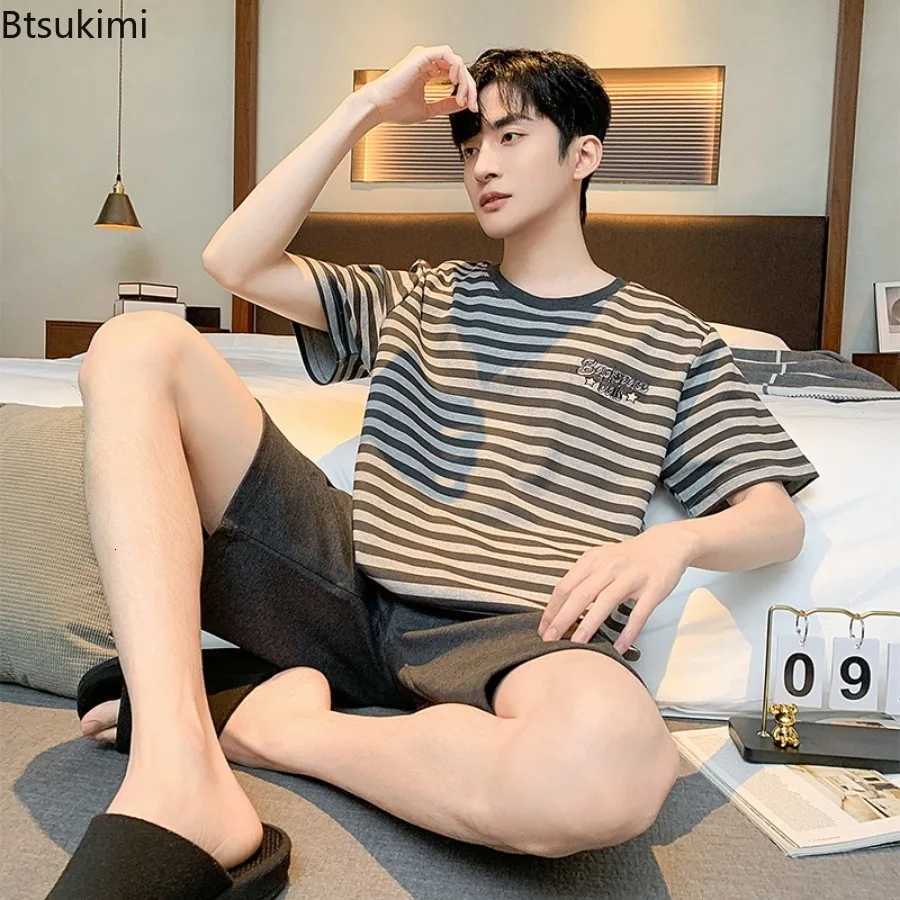 Summer Hot Sale Mens Cotton Pajamas Two Piece Sets Fashion Simple Casual Homewear Short-sleeve Tops with Shorts Men Lounge Sets W250717